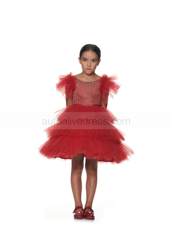 Gems Beaded Red Lace Tulle Tiered Flower Girl Dress